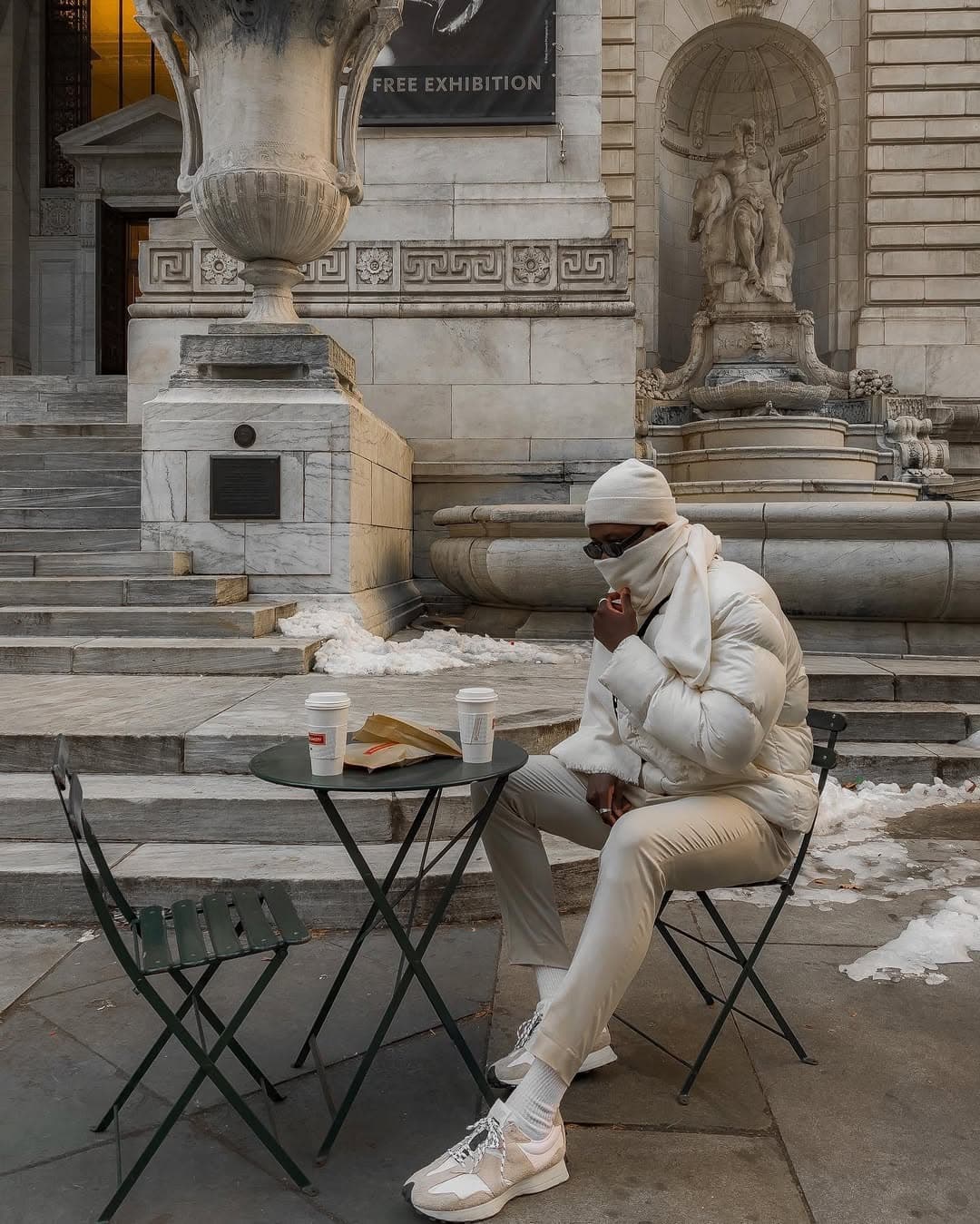 Winter coffee break, cream puffer and scarf